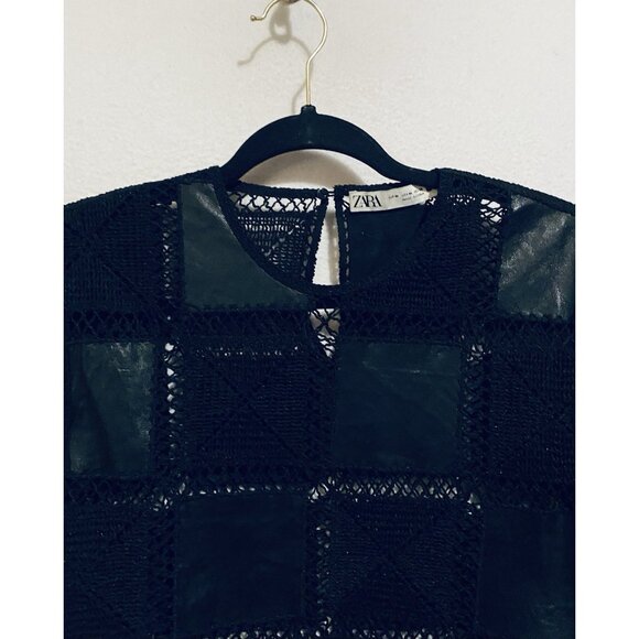 Zara Top Womens Medium Black Vegan Leather Crochet Patchwork Whimsigoth Punk - Picture 3 of 8